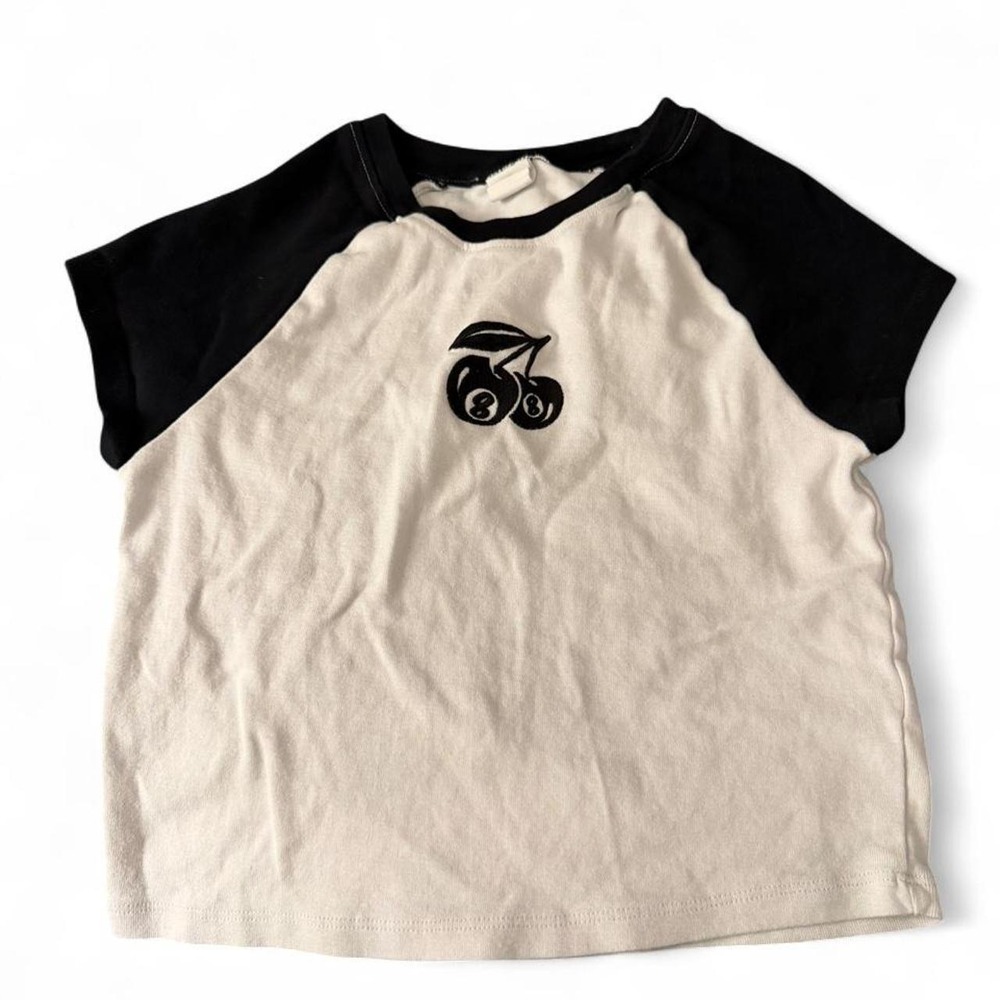La Luna 8 Ball Cherry Raglan Baby Tee White Black Short Sleeve Graphic Top M